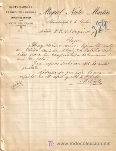 Cartas comerciales: ALMENDRALEJO ( BADAJOZ). 1913. CARTA COMERCIAL DE FABRICA GASEOSA. CERVEZAS. SANTA BARBARA. M. NIETO