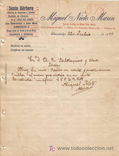Cartas comerciales: ALMENDRALEJO ( BADAJOZ). 1913. CARTA COMERCIAL DE FABRICA GASEOSA. CERVEZAS. SANTA BARBARA. M. NIETO