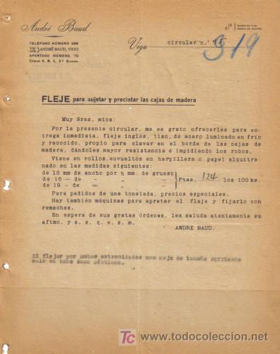 Cartas comerciales: VIGO. 1923.  CIRCULAR DE ANDRE BAUD. - Foto 1