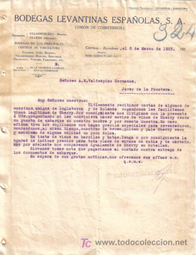 Cartas comerciales: BARCELONA. 1923. CARTA COMERCIAL DE BODEGAS LEVANTINAS ESPA&Ntilde;OLAS, S. A.