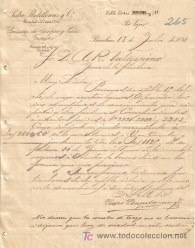 Cartas comerciales: BARCELONA. 1893. CARTA COMERCIAL DE PEDRO PLADELLORENTS Y C&ordm;.