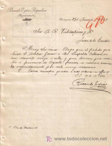 Cartas comerciales: CARTAGENA. 1913. CARTA COMERCIAL DE REPRESENTANTES. RICARDO ESPIN RIQUELME.