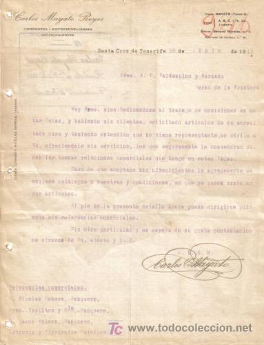 Cartas comerciales: SANTA CRUZ DE TENERIFE. 1919. CARTA COMERCIAL DE COMISIONES Y REPRESENTACIONES. CARLOS MOYATO REYES.