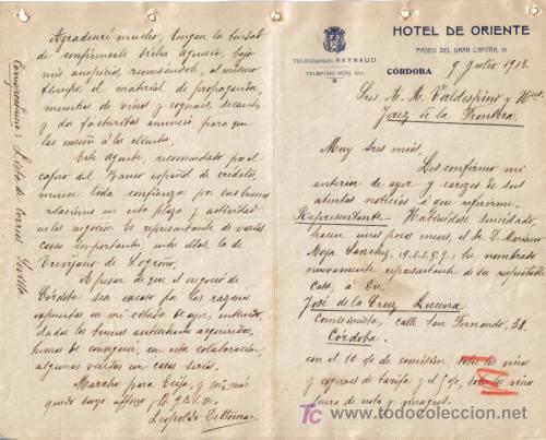 Gesch&auml;ftsbriefe: CORDOBA. 1913. CARTA COMERCIAL DE HOTEL DE ORIENTE.