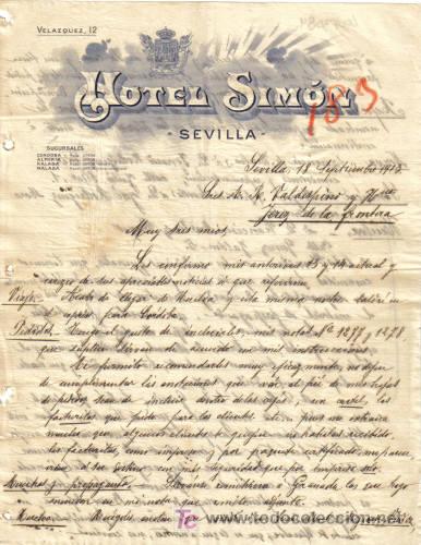 Cartas comerciales: SEVILLA. 1913. CARTA COMERCIAL DE HOTEL SIMON. - Foto 1