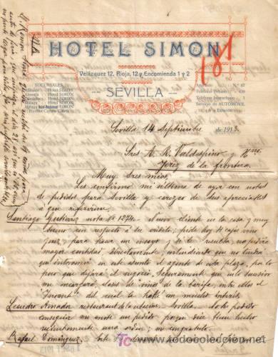 Cartas comerciales: SEVILLA. 1913. CARTA COMERCIAL DE HOTEL SIMON. - Foto 1