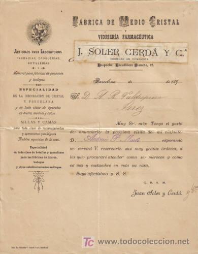 Cartas comerciales: BARCELONA. CARTA COMERCIAL DE FABRICA DE MEDIO CRISTAL. VIDRIERA FARMACEUTICA. J. SOLER CERDA Y CIA.