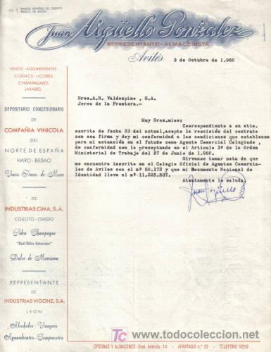 Gesch&auml;ftsbriefe: AVILES. 1960. CARTA COMERCIAL DE REPRESENTACIONES - ALMACENISTA. JUAN ARGUELLO GONZALEZ.