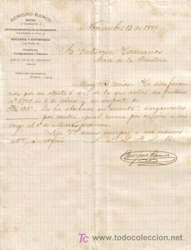 Cartas comerciais: SANTA CRUZ DE TENERIFE. 1889. CARTA COMERCIAL DE HOTEL. DULCERIA Y REPOSTERIA. BENIGNO RAMOS.