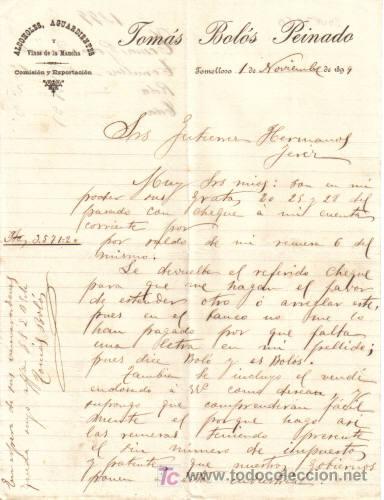 Commercial Letters: TOMELLOSO ( C. REAL ). CARTA COMERCIAL DE VINOS DE LA MANCHA. ALCOHOLES Y AGUARDIENTES. T. BOLOS.
