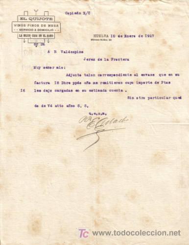 Lettere commerciali: HUELVA. 1927. CARTA COMERCIAL DE VINOS FINOS DE MESA. EL QUIJOTE.