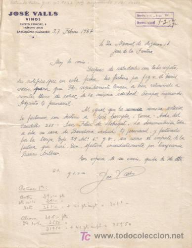Cartas comerciales: BARCELONA. 1957. CARTA COMERCIAL DE VINOS. JOSE VALLS.