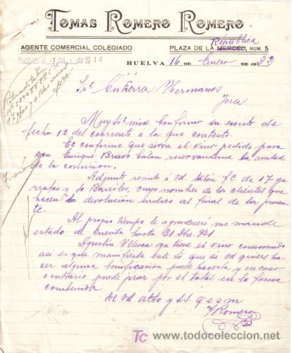 Cartas comerciais: HUELVA. 1932. CARTA COMERCIAL DE AGENTE COMERCIAL COLEGIADO. TOMAS ROMERO REMERO.