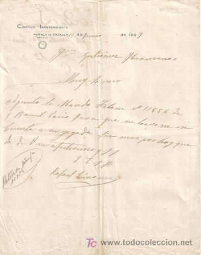 Cartas comerciais: PUEBLA DE CAZALLA (SEVILLA). 1927. CARTA COMERCIAL DE CIRCULO INDEPENDIENTE.