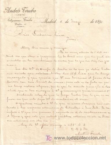 Cartas comerciales: MADRID. 1893. CARTA COMERCIAL DE ANDRES TRUEBA. - Foto 1