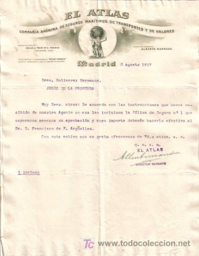 Lettere commerciali: MADRID. 1917. CARTA COMERCIAL DE EL ATLAS. COMPA&Ntilde;IA ANONIMA DE SEGUROS MARITIMOS DE TRANSPORTES.