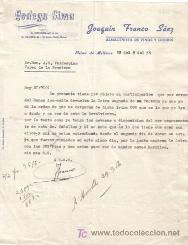 Lettere commerciali: PALMA DE MALLORCA. 1956. CARTA COMERCIAL DE ALMACENISTA DE VINOS Y LICORES. JOAQUIN FRANCO SAEZ.