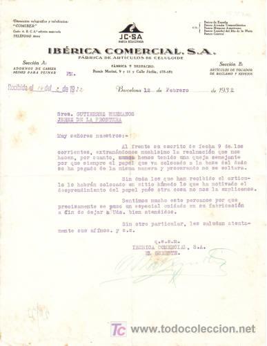 Cartas comerciales: BARCELONA. 1932. CARTA COMERCIAL DE FABRICA DE ARTICULOS DE CELULOIDE. IBERICA COMERCIAL, S. A.