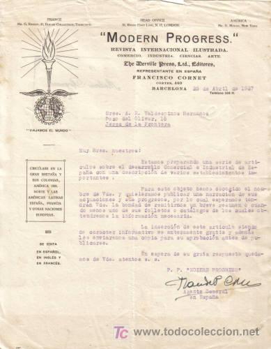 Cartas comerciales: BARCELONA. 1927. CARTA COMERCIAL DE REVISTA INTERNACIONAL ILUSTRADA. MODERN PROGRESS.