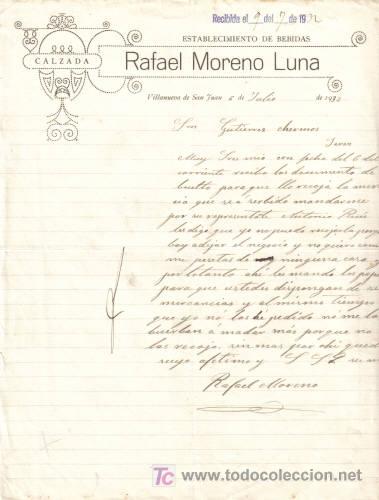 Gesch&auml;ftsbriefe: VILLANUEVA DE SAN JUAN. 1932.  CARTA COMERCIAL DE ESTABLECIMIENTOS DE BEBIDAS. RAFAEL MORNO LUNA.