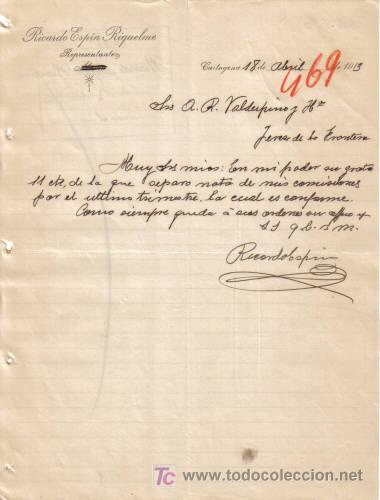 Cartas comerciales: CARTAGENA. 1913. CARTA COMERCIAL DE REPRESENTANTES. RICARDO ESPIN RIQUELME.