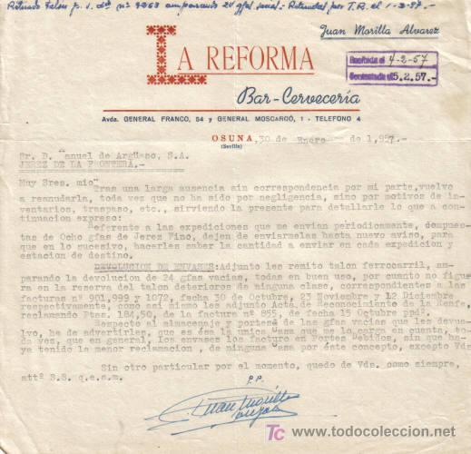 Lettere commerciali: OSUNA ( SEVILLA). 1957. CARTA COMERCIAL DE BAR - CERVECERIA. LA REFORMA. JUAN MORILLA ALVAREZ.