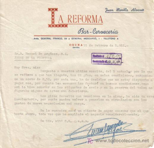 Lettere commerciali: OSUNA ( SEVILLA). 1956. CARTA COMERCIAL DE BAR - CERVECERIA. LA REFORMA. JUAN MORILLA ALVAREZ.