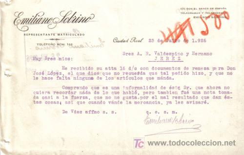 Gesch&auml;ftsbriefe: CIUDAD REAL. 1926. CARTA COMERCIAL DE REPRESENTANTE MATRICULADO. EMILIANO SOBRINO.