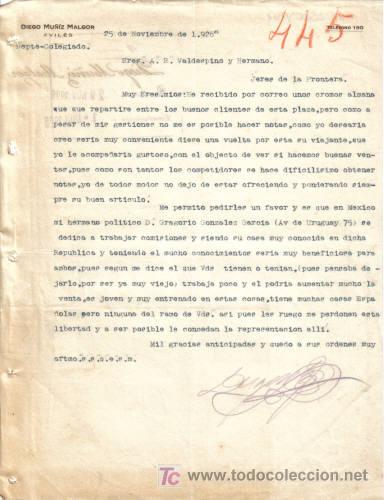 Gesch&auml;ftsbriefe: AVILES. 1926. CARTA COMERCIAL DE REPRESENTANTE MATRICULADO. DIEGO MU&Ntilde;IZ MALGOR.