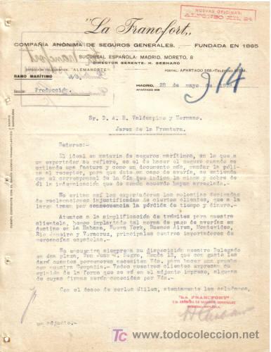 Commercial Letters: MADRID. 1924. CARTA COMERCIAL DE COMPA&Ntilde;IA DE SEGUROS GENERALES. LA FRANCFORT.