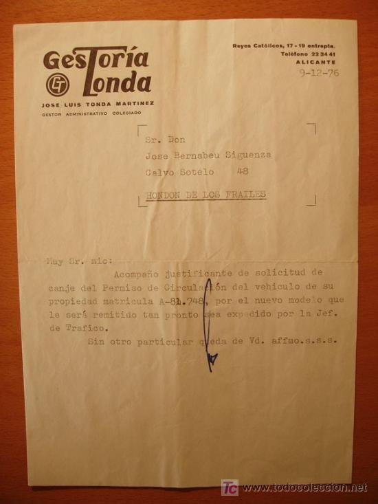 Gesch&auml;ftsbriefe: Carta 1976 Gestoria Londa (Alicante)