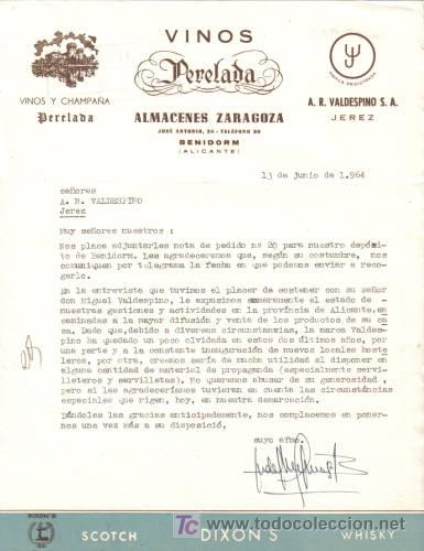 Lettres commerciales: BENIDOR ( ALICANTE). 1964. CARTA COMERCIAL DE VINOS Y CHAMPA&Ntilde;A PERELADA. ALMACENES ZARAGOZA.