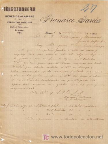 Gesch&auml;ftsbriefe: HARO ( RIOJA). 1922. CARTA COMERCIAL DE FABRICA DE FUNDAS DE PAJA. FRANCISCO GARCIA.