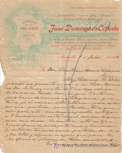 Cartas comerciais: MANZANILLA ( HUELVA). 1905. CARTA COMERCIAL DE VINOS, ACEITES Y CEREALES. JOSE DOMINGUEZ CEPEDA.
