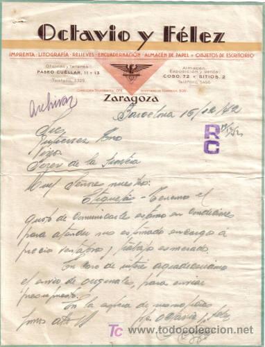Lettres commerciales: BARCELONA. 1942. CARTA COMERCIAL DE IMPRENTA, RELIEVES. ALMACEN DE PAPEL. OCTAVIO Y FELEZ.