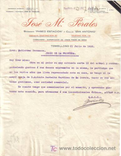 Commercial Letters: TOMELLOSO ( CIUDAD REAL). 1932. CARTA COMERCIAL DE BODEGAS. JOSE M&ordm;. PERALES.