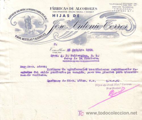 Commercial Letters: TOMELLOSO ( CIUDAD REAL). 1944. CARTA COMERCIAL DE FABRICAS DE ALCOHOLES. HIJAS DE JOSE A. TORRES.