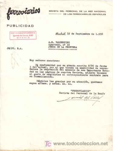 Cartas comerciales: MADRID. 1958. CARTA COMERCIAL DE PUBLICIDAD FERROVIARIOS.
