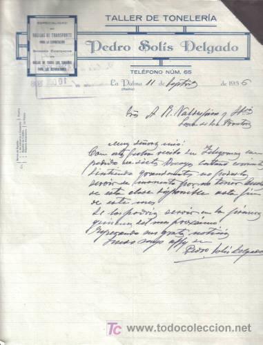 Cartas comerciales: LA PALMA ( HUELVA). 1936. CARTA COMERCIAL DE TALLER DE TONELERIA. PEDRO SOLIS DELGADO.