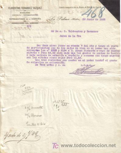 Cartas comerciais: LA PALMA ( HUELVA). 1922. CARTA COMERCIAL DE BANQUERO. FLORENTINO FERNANDEZ VAZQUEZ.