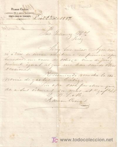 Cartas comerciais: SANTA CRUZ DE TENERIFE. 1887. CARTA COMERCIAL DE RAMON CECIAS.