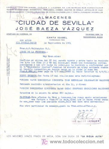 Cartas comerciales: SANTA ISABEL. 1951. CARTA COMERCIAL DE ALMACENES CIUDAD DE SEVILLA. JOSE BAEZA VAZQUEZ.FERNANDO POO