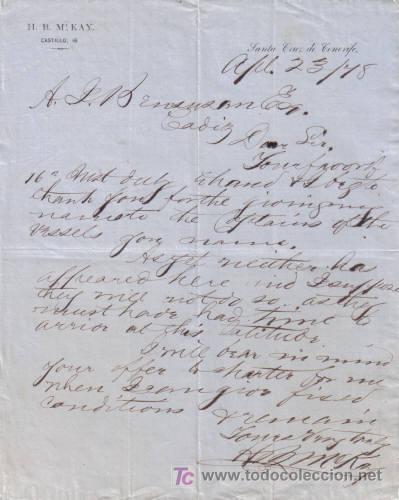 Cartas comerciais: SANTA CRUZ DE TENERIFE. 1878. CARTA COMERCIAL DE H. B. M. KAY.