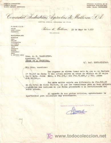 Lettere commerciali: PALMA DE MALLORCA. 1959. CARTA COMERCIAL DE COMERCIAL INDUSTRIAS AGRICOLAS DE MALLORCA S. A.