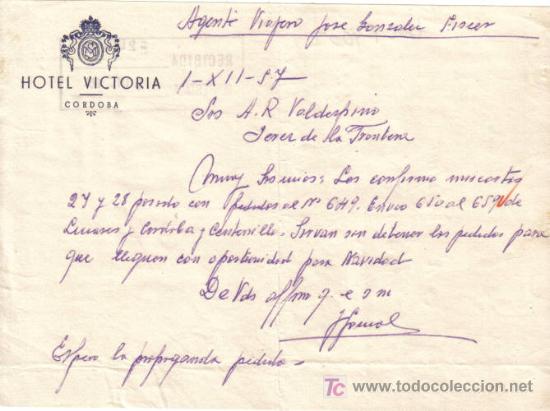 Lettere commerciali: CORDOBA. 1957.  CARTA COMERCIAL DE HOTEL VICTORIA.