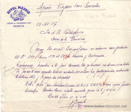 Gesch&auml;ftsbriefe: MURCIA. 1957.  CARTA COMERCIAL DE HOTEL MADRID.
