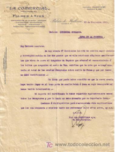 Lettere commerciali: PALMA DE MALLORCA. 1925. CARTA COMERCIAL DE LA COMERCIAL. PALMER Y SIMO.