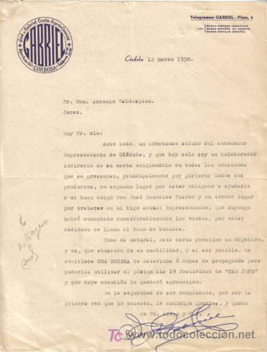 Lettere commerciali: CORDOBA. 1958.  CARTA COMERCIAL DE JOSE GABRIEL COSTA. AGENTE COMERCIAL.