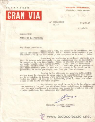 Gesch&auml;ftsbriefe: BILBAO. 1958. CARTA COMERCIAL DEPUBLICIDAD. GRAN VIA.