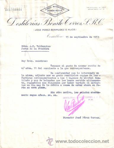 Commercial Letters: TOMELLOSO ( CIUDAD REAL). 1953. CARTA COMERCIAL DE VINOS Y ALCOHOLES. DESTILERIAS. BENITO TORRRES, S